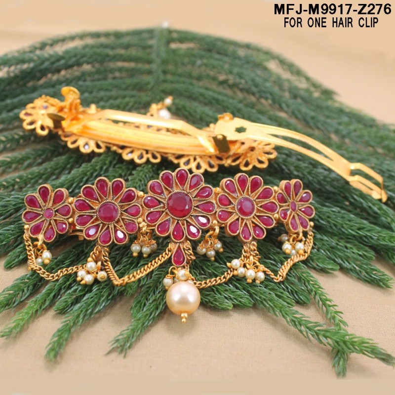 Ruby & Emerald Stones Mangoes Design With Pearls Drops Mat Finish Hair Clip Buy Online