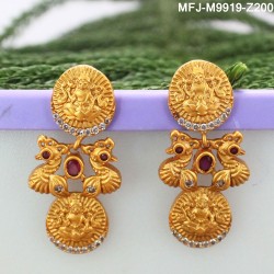 CZ, Ruby & Emerald Stones Lakshmi & Peacock Design Mat Finish Earrings Buy Online