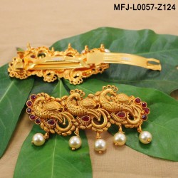 Ruby & Emerald Stones Peacock Design With Pearls Drops Mat Finish Hair Clip Buy Online
