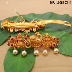 Ruby & Emerald Stones Lakshmi, Flowers & Peacock Design With Pearls Drops Mat Finish Hair Clip Buy Online