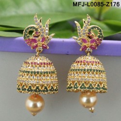 CZ & Ruby Stones Thilakam, Leaves & Flowers Design With Pearl Drop Gold Plated Finish Jumki Buy Online