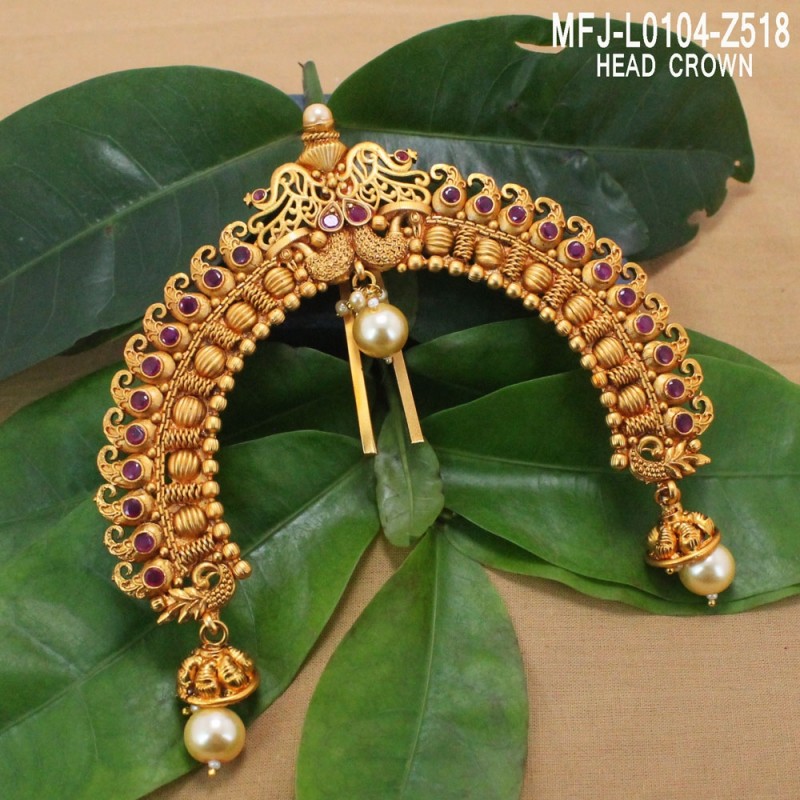 Ruby & Emerald Stones Peacock, Mango & Jumki Design With Pearls Mat Finish Head Crown Buy Online