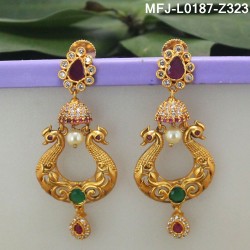 CZ, Ruby & Emerald Stones Peacock, Flower & Jumki Design With Pearl Drop Mat Finish Earrings Buy Online
