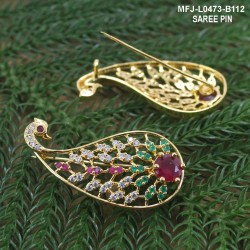CZ & Ruby Stones Peacock Design Gold Plated Finish Saree Pin Buy Online