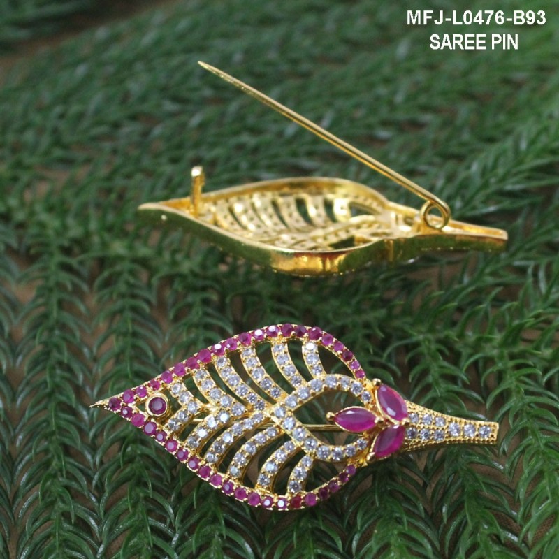 CZ, Ruby & Emerald Stones Leaf Design Gold Plated Finish Saree Pin Buy Online