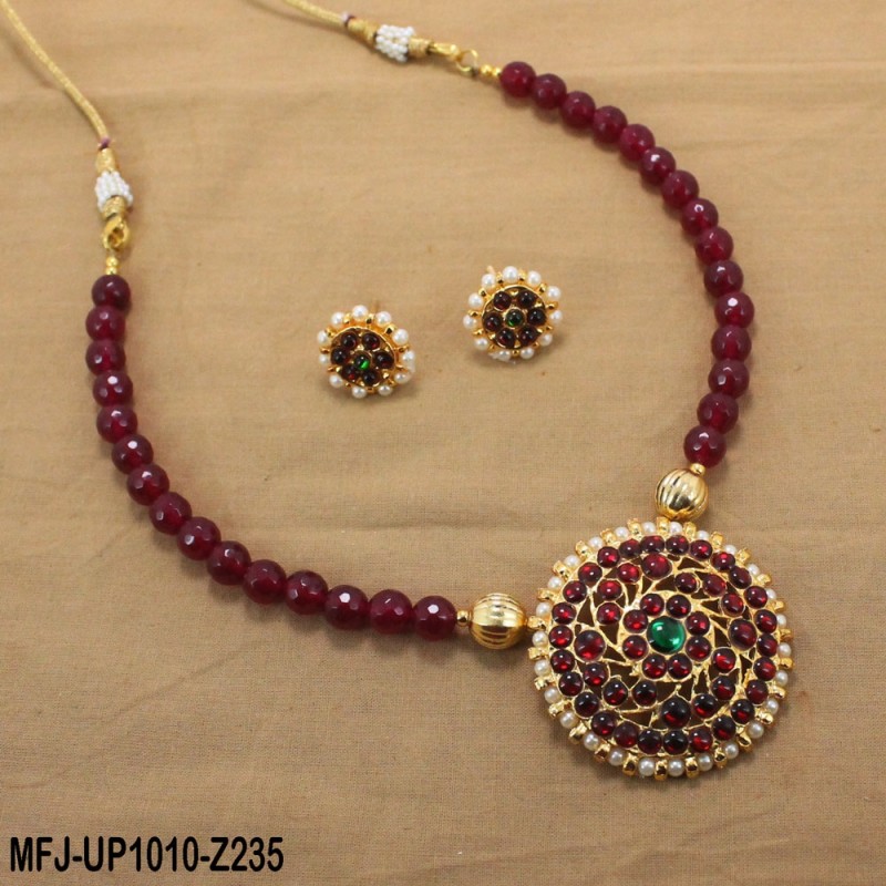 Red & Golden Colour Beads With Golden Colour Polished Moon Design Pendant Chain Set Buy Online