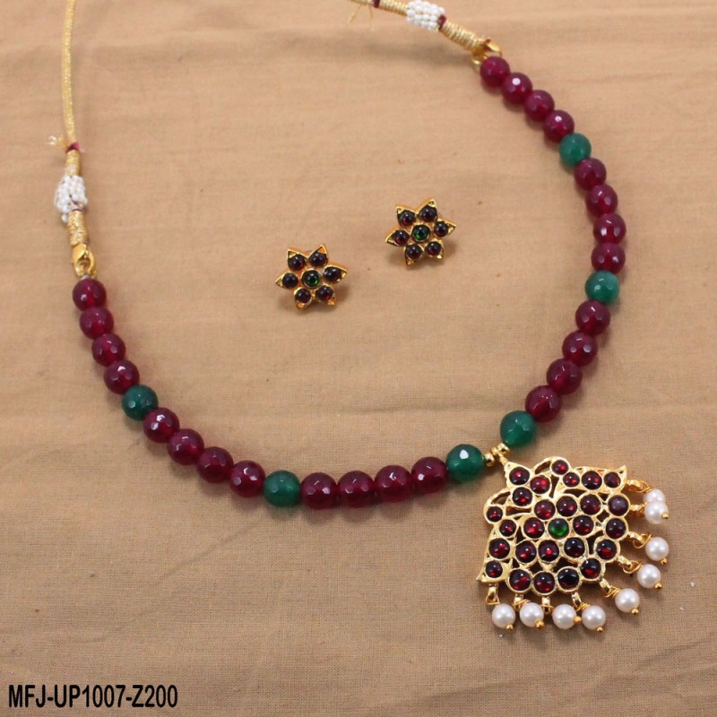 Red & Golden Colour Beads With Golden Colour Polished Moon Design Pendants Chain Set Buy Online