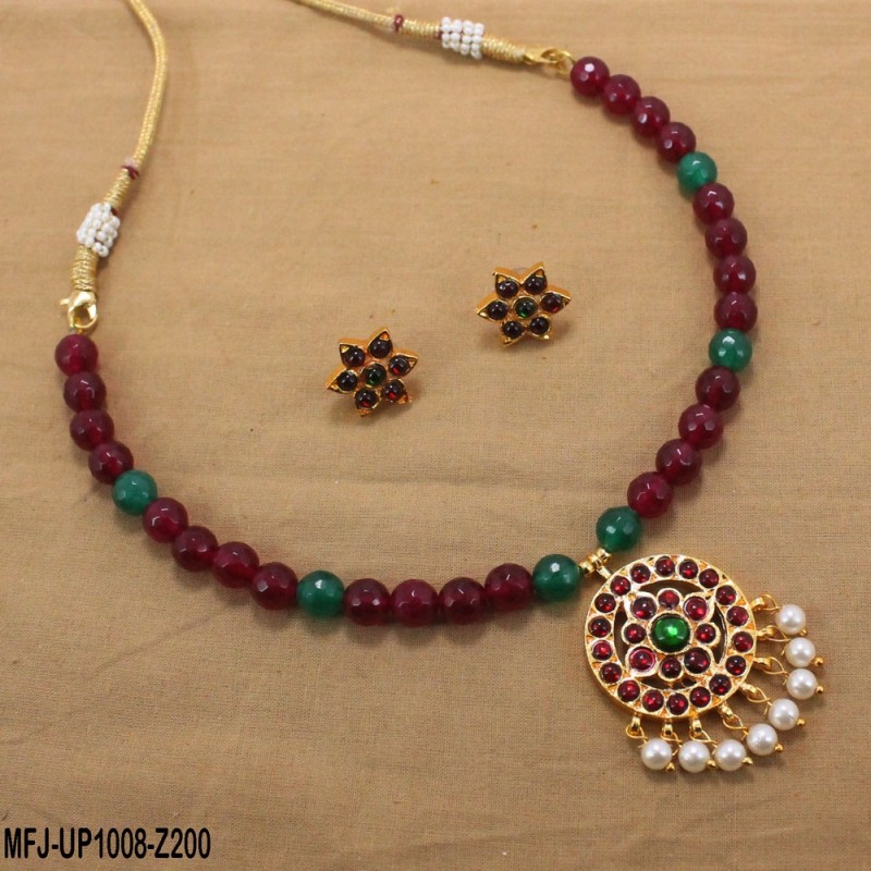 Red & Green Colour Beads With Golden Colour Polished Flower Design Pendant Chain Set Buy Online