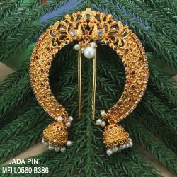 Ruby & Emerald Stones Peacock, Leaves & Jumki Design With Pearls Mat Finish Head Crown Buy Online