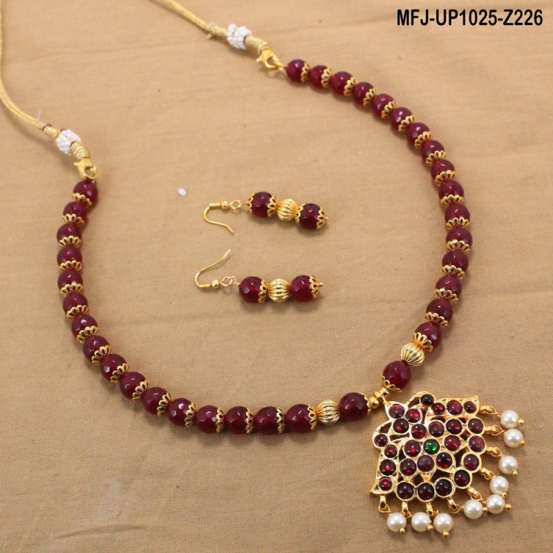 Red & Golden Colour Beads With Golden Colour Polished Flower & Mango Design Pendant Chain Set Buy Online