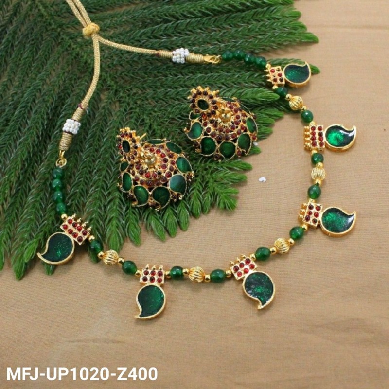 Green & Golden Colour Beads With Golden Colour Polished Moon Design Pendant Chain Set Buy Online