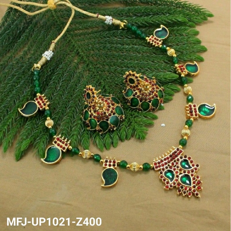 Green & Golden Colour Beads With Multi Colour Stones Golden Colour Polished Mango Design Necklace Set Buy Online