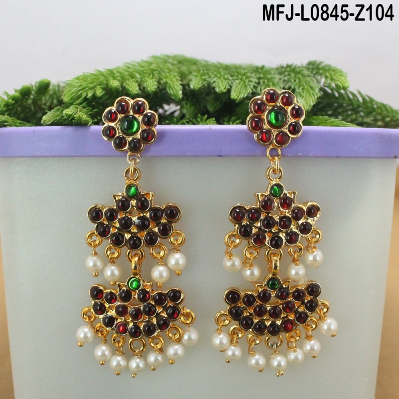 Kempu & Multicolour Stones With Pearls Flower & Moon Design 3 Step Earrings For Bharatanatyam Dance And Temple Buy Online