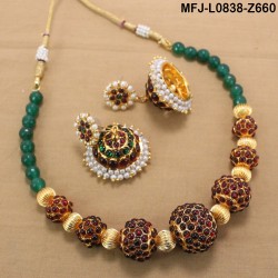 Red & Golden Colour Beads With Golden Colour Polished Flower & Mango Design Pendant Chain Set Buy Online