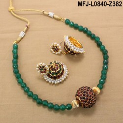 Green & Golden Colour Beads With Golden Colour Polished Kempu Stones Balls Chain Set Buy Online
