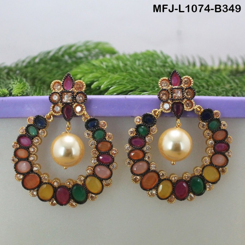 CZ, Ruby & Emerald Stones Designer With Pearls Gold Plated & Black Metal Finish Earrings Buy Online