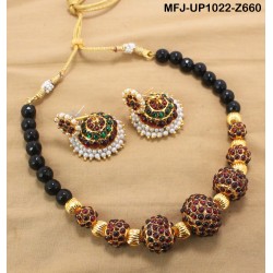 Red & Golden Colour Beads With Golden Colour Polished Kempu Stones Balls Chain Set Buy Online
