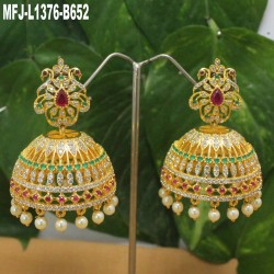 CZ & Ruby Stones Leaves & Thilakam Design With Pearls Drops Gold Plated Finish Jumki Buy Online